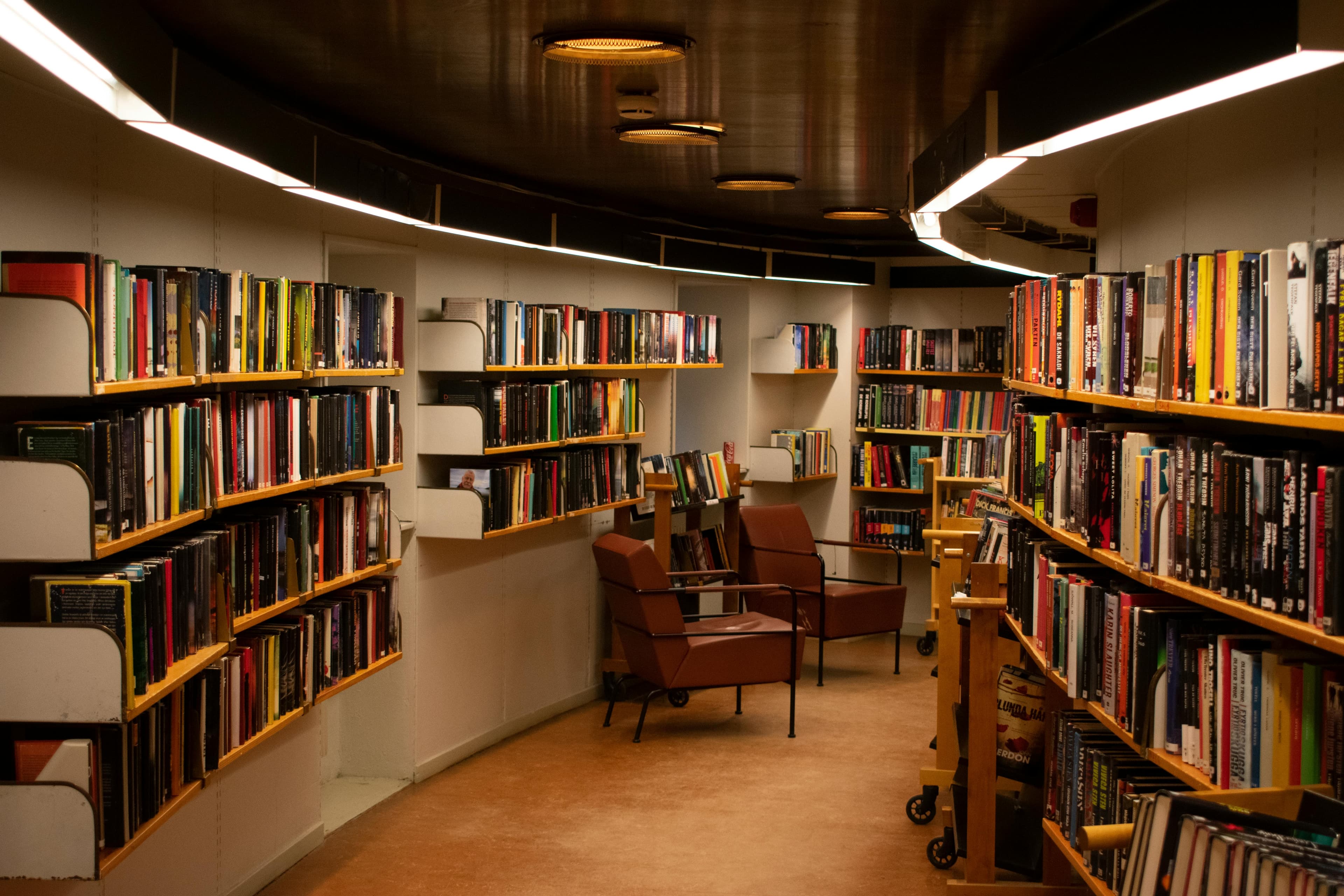 Bibliothèque calme et vide, représentant un environnement à faible niveau sonore, idéal pour le sommeil.