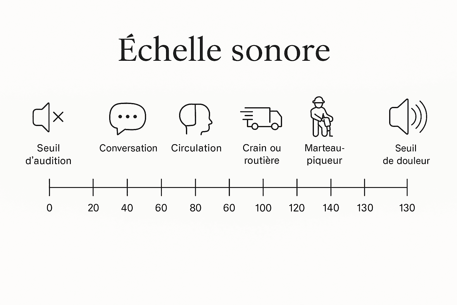 Infographie horizontale illustrant l'échelle sonore de 0 à 130 décibels avec des pictogrammes : respiration, conversation, circulation, concert.